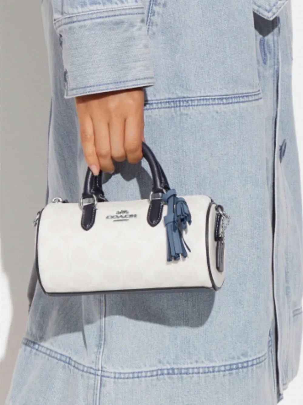 Coach White Lacey Crossbody in Signature Canvas and Blue Tassel